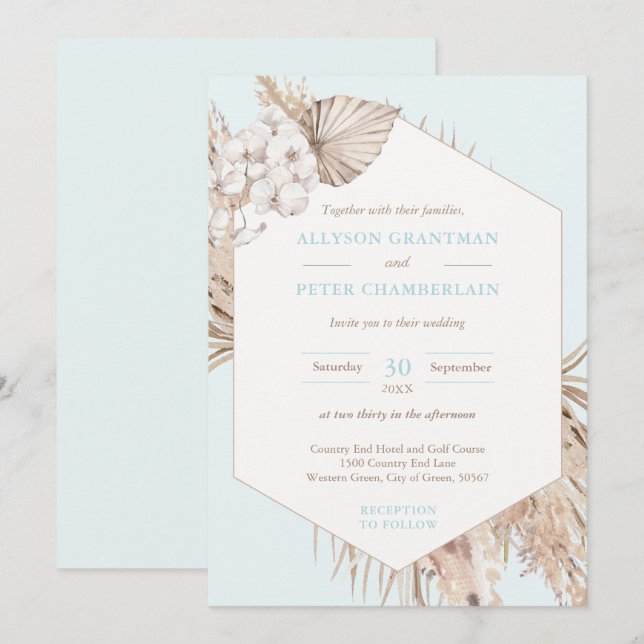 Invitación Tonos neutrales Desierto bohemio Pampas Boda de Gr (Anverso / Reverso)