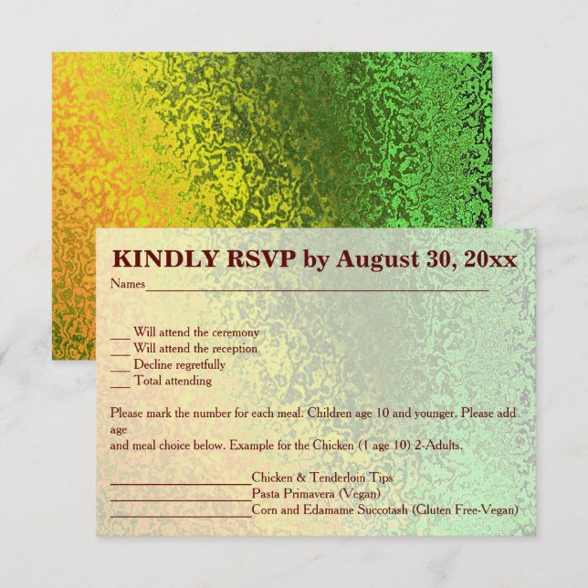 Invitación Tonos otoñales de la boda verde y amarilla RSVP (Anverso / Reverso)