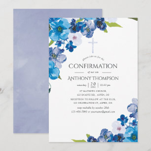 Invitación Tonos pastel de confirmación floral azul
