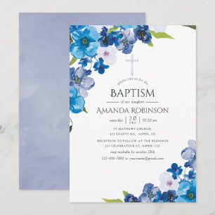 Invitación Tonos pastel de floral azul para bautizo