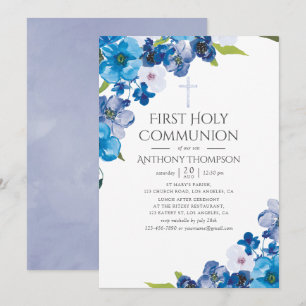 Invitación Tonos pastel de floral azul para bautizo