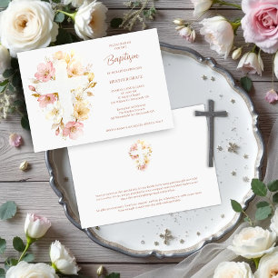 Invitación Tonos Rosa Soñadores Floral Cruz Forma Bautizo