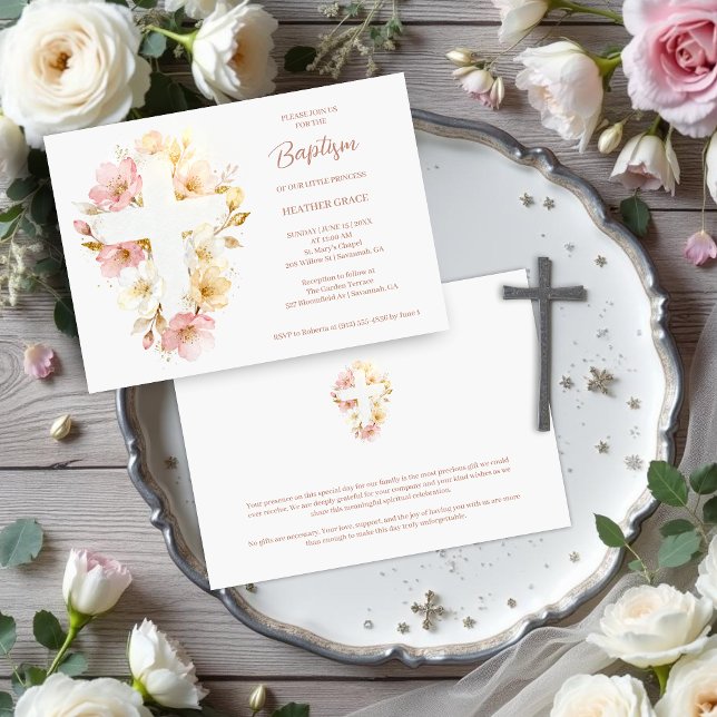 Invitación Tonos Rosa Soñadores Floral Cruz Forma Bautizo (Dreamy Digital Watercolor Pink Shades Floral Cross-Shape Baptism Invitation Cards.)