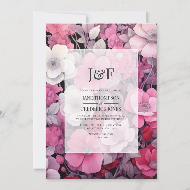 Invitación Tonos rosados y grises Boda floral Monograma (Anverso)