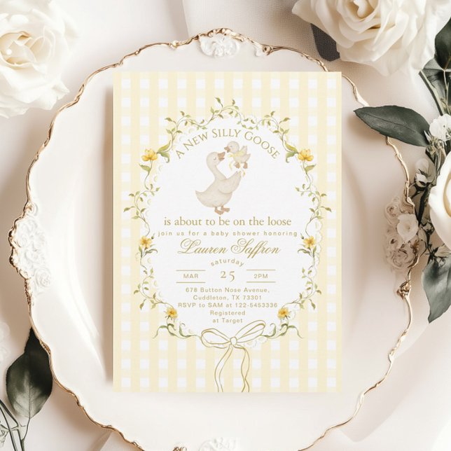Invitación Tonta Gansa Fiesta de Bebé Amarillo Género Neutral (Subido por el creador)