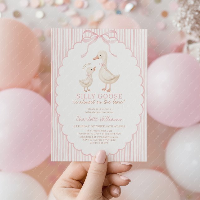 Invitación Tonta Gansa Fiesta de Bebé Niña Rosa (A little Silly Goose is almost on the loose! Baby Girl Baby Shower invitation with pink stripes)