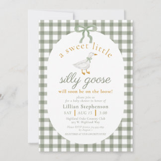 Invitación Tonta Gansa Verde Cuadrillé de Bow Fiesta de Bebé