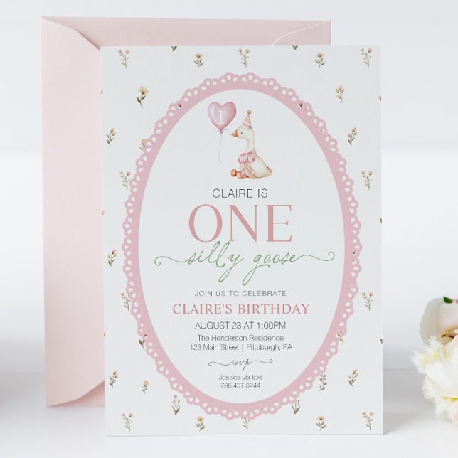 Invitación Tonto Ganso Cumpleaños Flores Rosa Primer Cumpleañ (Subido por el creador)