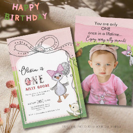 Invitación Tonto Ganso Cumpleaños número 1 Foto de Lazo Rosa