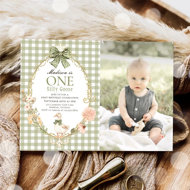 Invitación Tonto Ganso Floral Verde Gingham 1er Cumpleaños (Subido por el creador)