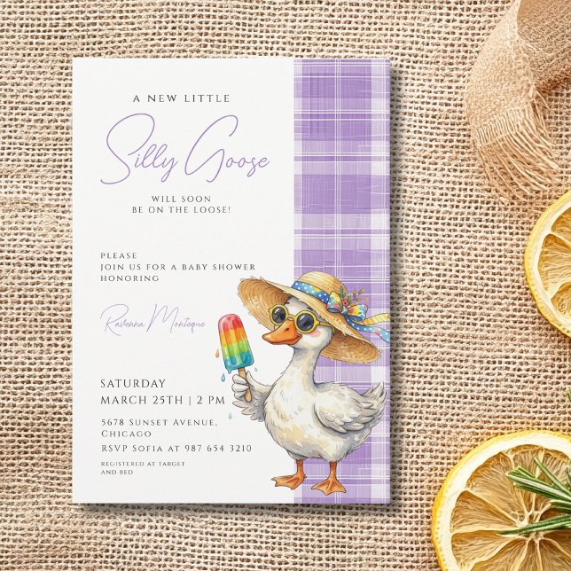 Invitación Tonto Ganso Sombrero de Gingham Morado Fiesta de B (Subido por el creador)