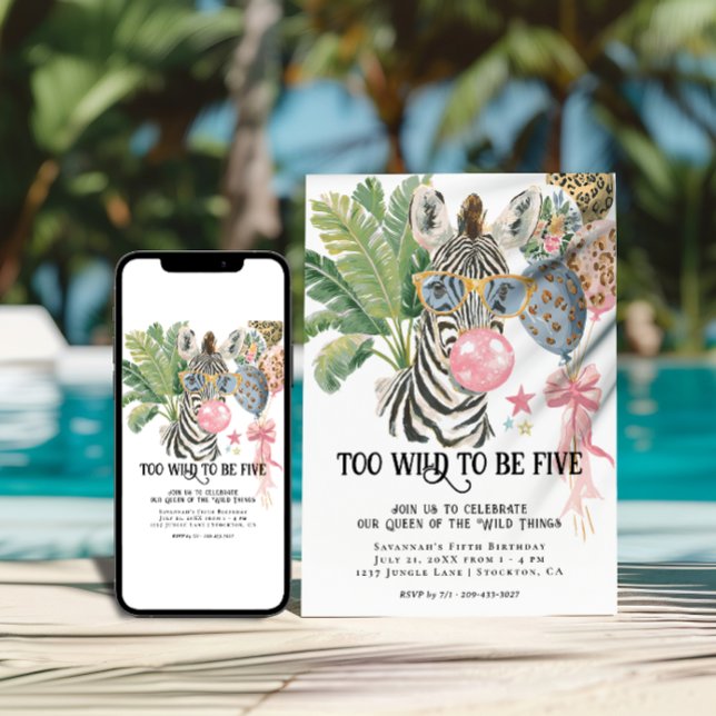 Invitación Too Wild to Be Five Zebra Jungle Birthday (Subido por el creador)
