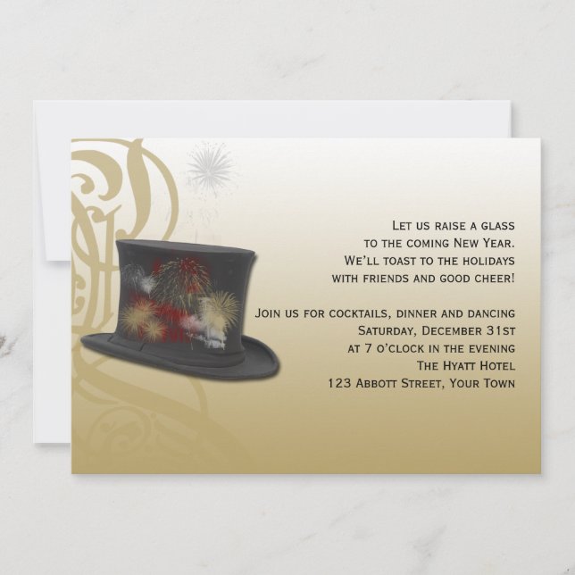 Invitación Top Hat y Fireworks Año Nuevo Fiesta (Anverso)