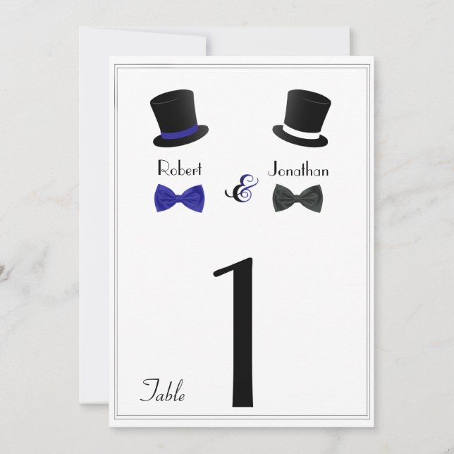 Invitación Top Hats and Bow Tie Blue Gay Boda Número de tabla (Anverso)