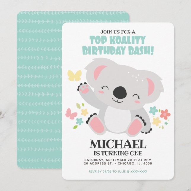 Invitación Top Koality Baby Koala Birthday (Anverso / Reverso)
