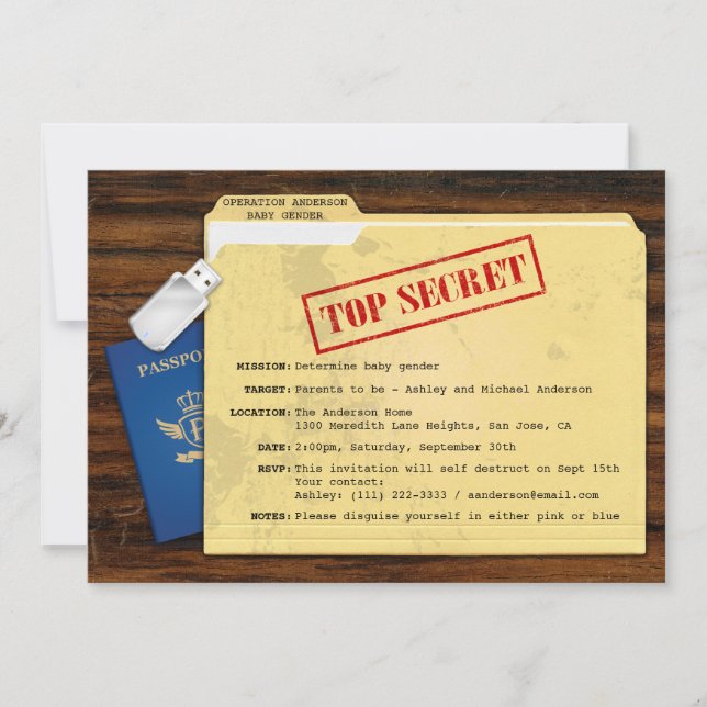 Invitación Top Secret Agent Mission Baby Reveal Fiesta (Anverso)