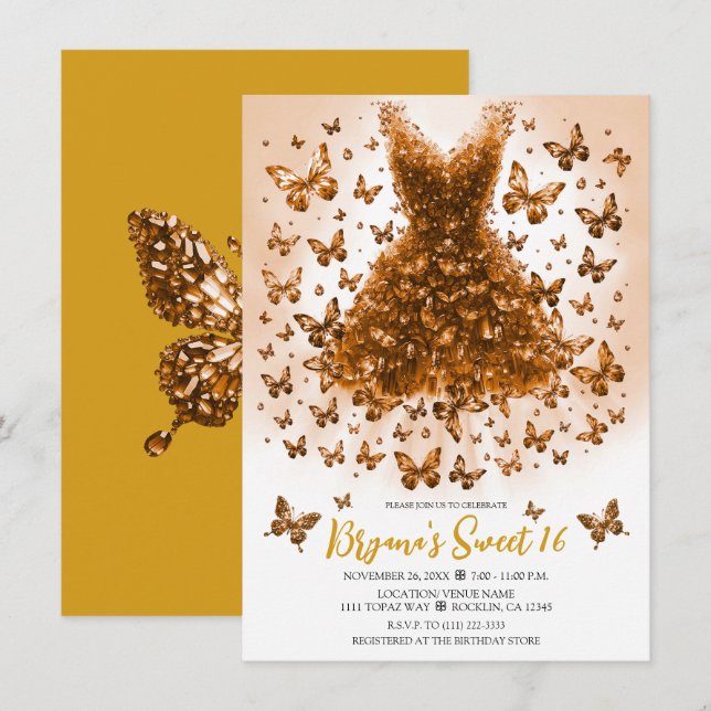 Invitación Topaz Crystal Butterfly Vestido Noviembre Birthsto (Anverso / Reverso)
