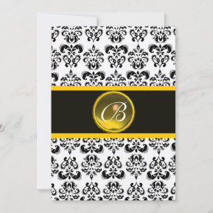 Invitación TOPAZIO AMARILLO DAMASCO MONOGRAMA, negro y blanco