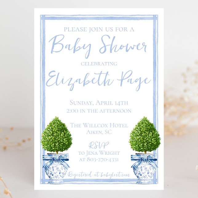 Invitación Topiary Baby Shower de la serie Chinoiserie azul y (Subido por el creador)