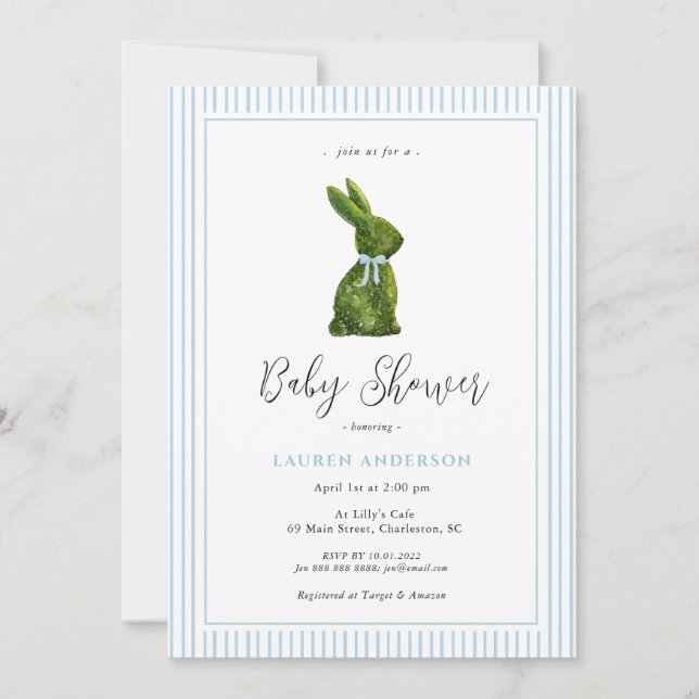 Invitación Topiary Bunny Blue Baby Boy Shower  (Anverso)