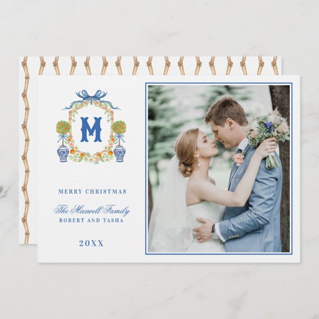 Invitación Topiary naranja en Chinoiserie Escudo Pot Monogram (Anverso / Reverso)