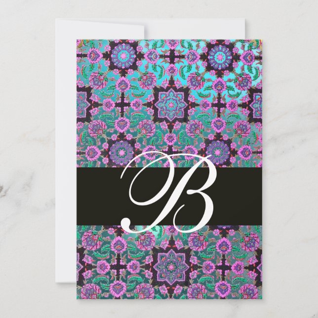 Invitación TOPKAPI AZUL NEGRO DAMASK MONOGRAM verde rosa (Anverso)