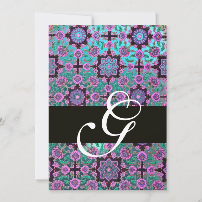 Invitación TOPKAPI AZUL NEGRO DAMASK MONOGRAM verde rosa (Anverso)