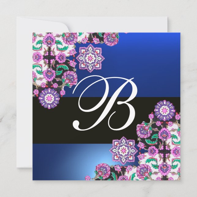 Invitación TOPKAPI BLUE BLACK DAMASK MONOGRAM blanco rosado (Anverso)