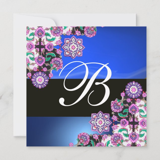 Invitación TOPKAPI BLUE BLACK DAMASK MONOGRAM púrpura rosa (Anverso)