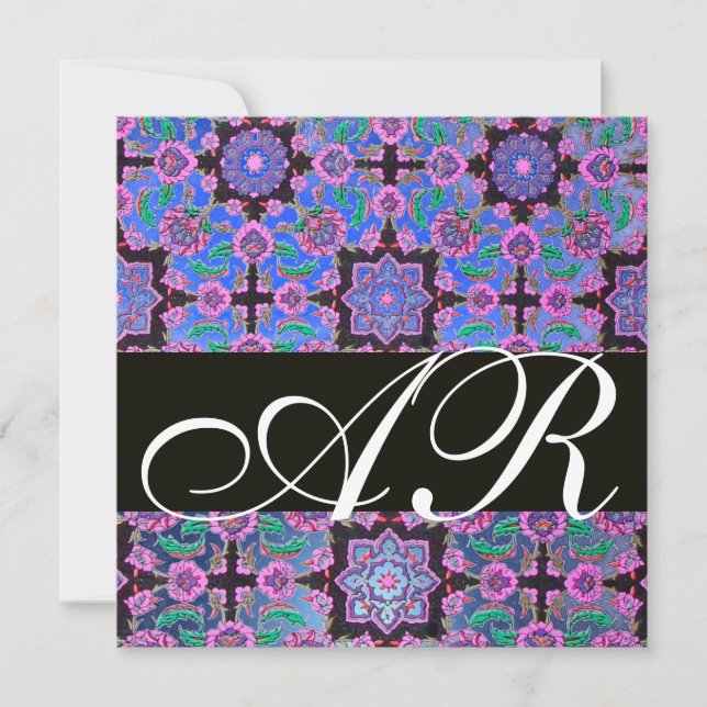 Invitación TOPKAPI BLUE BLACK PINK DAMASK MONOGRAM verde (Anverso)