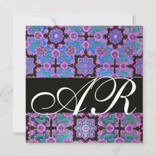 Invitación TOPKAPI BLUE BLACK PINK DAMASK MONOGRAM verde