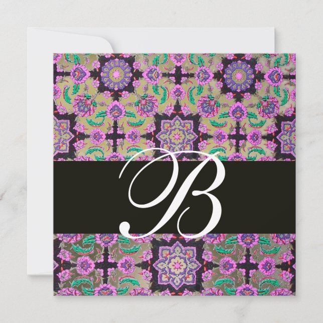 Invitación TOPKAPI GRIS NEGRO PINK DAMASK MONOGRAM verde (Anverso)