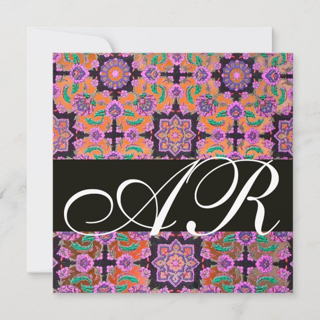 Invitación TOPKAPI NARANJA ROJO NEGRO DAMASK MONOGRAM amarill (Anverso)