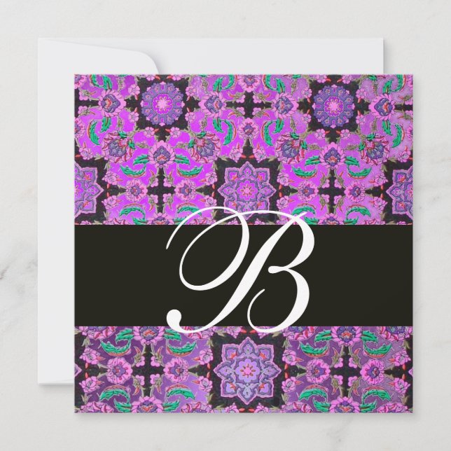 Invitación TOPKAPI PURPLE DAMASK NEGRO MONOGRAM verde rosa (Anverso)