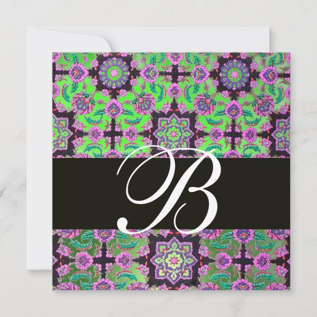 Invitación TOPKAPI VERDE BLACK DAMASK MONOGRAM azul rosa (Anverso)