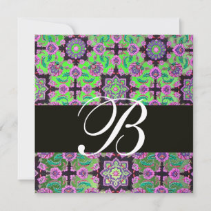 Invitación TOPKAPI VERDE BLACK DAMASK MONOGRAM azul rosa