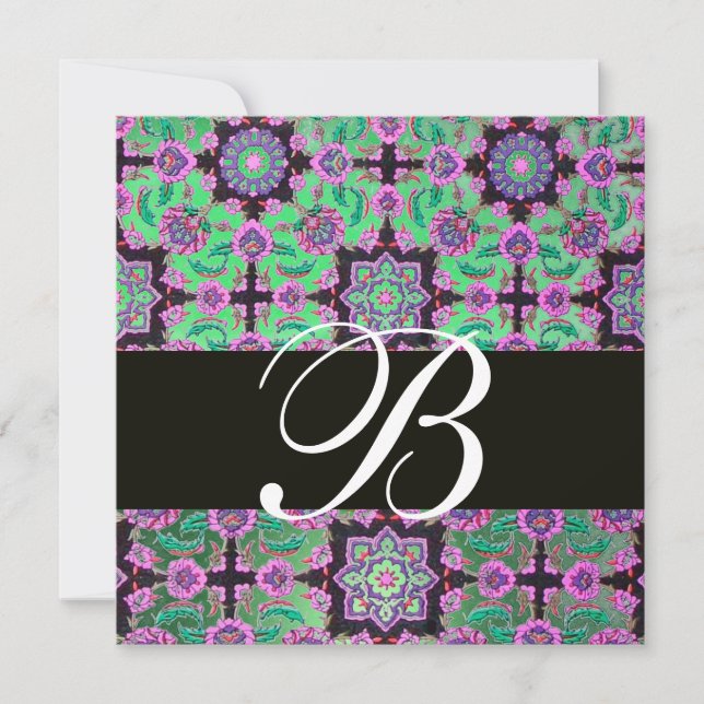 Invitación TOPKAPI VERDE BLACK DAMASK MONOGRAM azul rosa (Anverso)