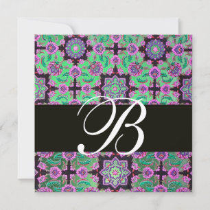 Invitación TOPKAPI VERDE BLACK DAMASK MONOGRAM azul rosa