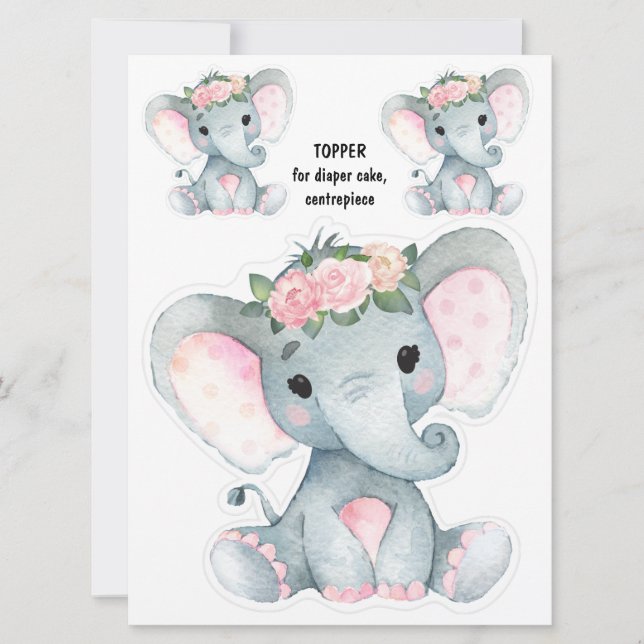 Invitación Topper de pastelito de pañal elefante, decoración  (Anverso)