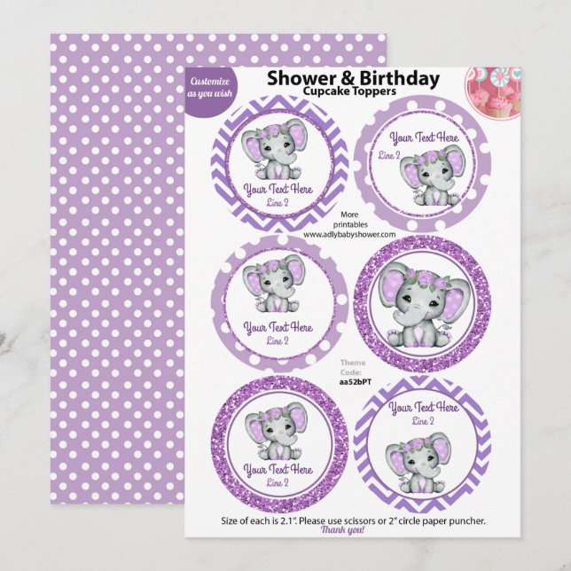 Invitación Toppers de torta Chica de elefante morado, Baby Sh (Anverso / Reverso)