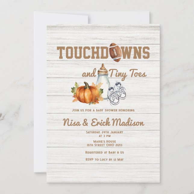 Invitación Toque de madera Tiny Toes Autumn Boy Baby Shower (Anverso)