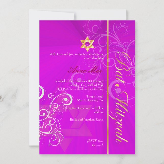 Invitación Torá Bnei Mitzvah/rosa intenso/oro (Anverso)