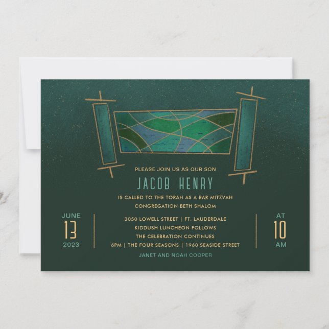 Invitación Torar de mosaico verde esmeralda para Bar/Bat Mitz (Anverso)