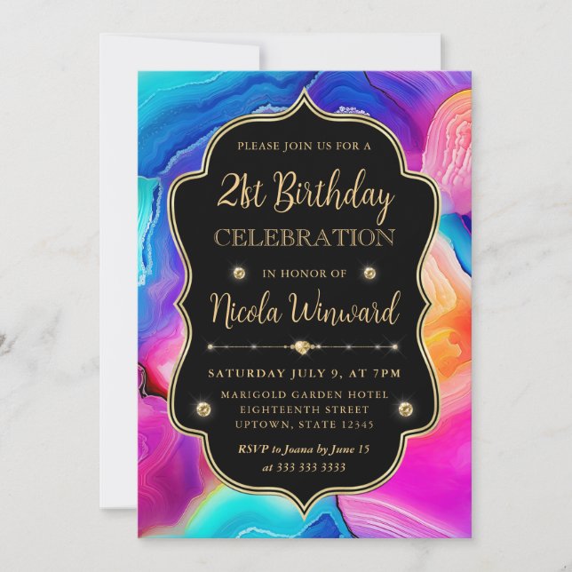 Invitación Torbellino de Ágata Arcoíris Elegante Cumpleaños N (Anverso)