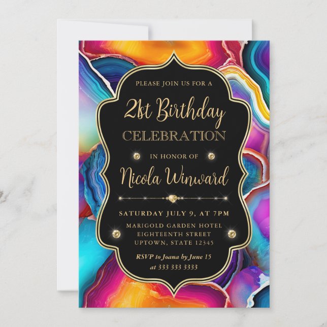 Invitación Torbellino de Ágata Arcoíris Elegante Cumpleaños N (Anverso)
