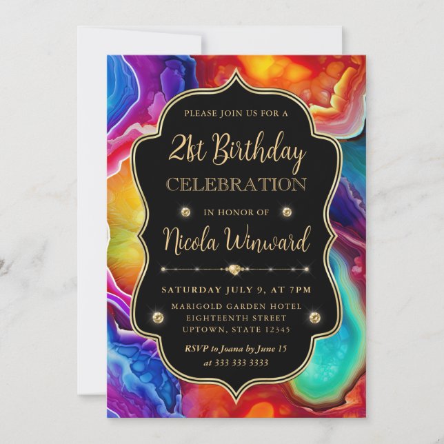 Invitación Torbellino de Ágata Arcoíris Elegante Cumpleaños N (Anverso)