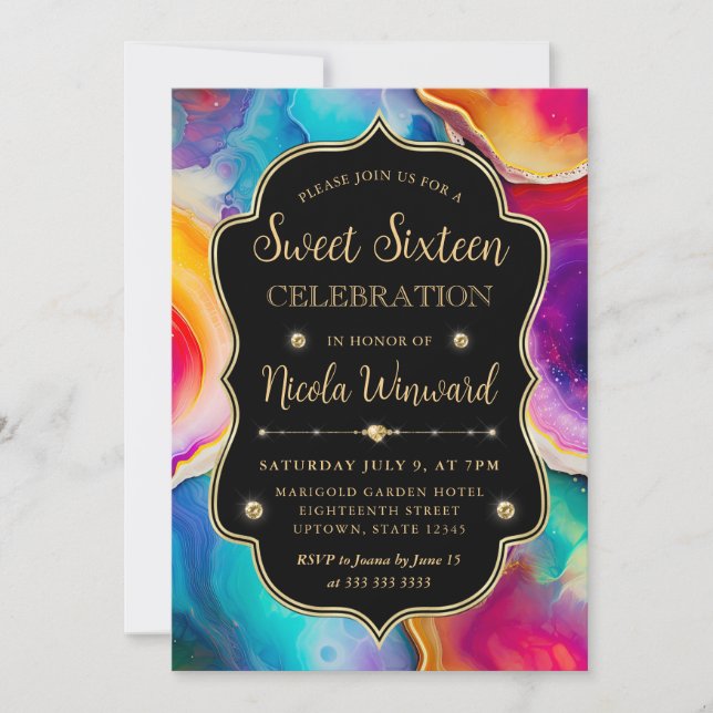 Invitación Torbellino de Ágata Arcoíris Elegante Negro Dulces (Anverso)