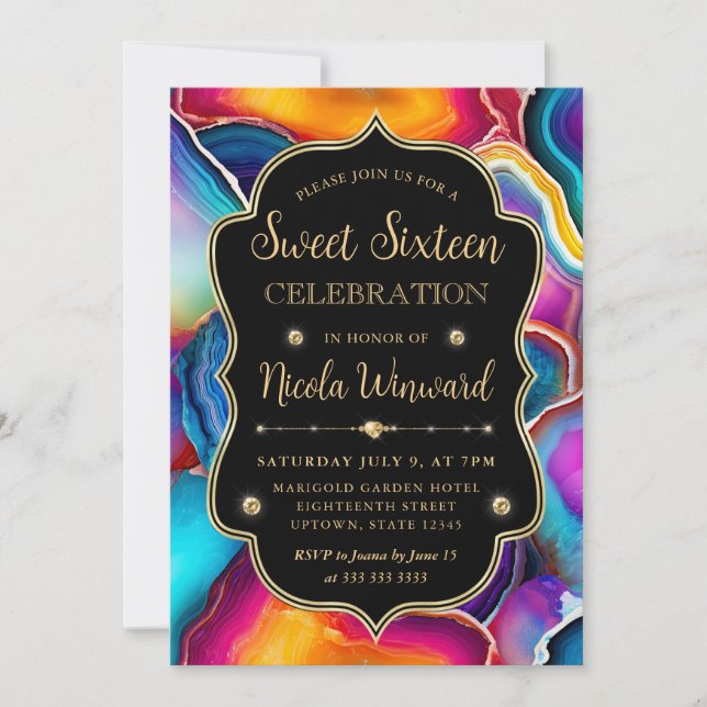 Invitación Torbellino de Ágata Arcoíris Elegante Negro Dulces (Anverso)