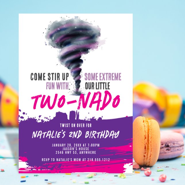 Invitación Torbellino Tornado Rosa Cumpleaños Purpura (Twonado Twister Tornado Pink Purple Birthday Invitation)