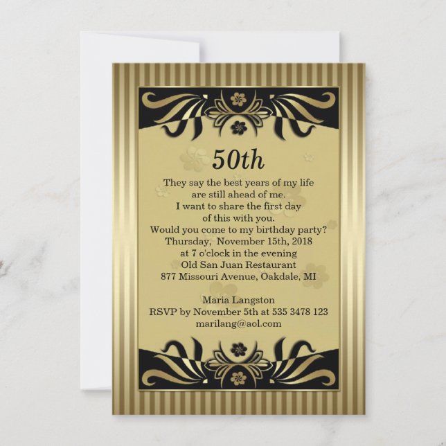Invitación Torbellinos negros y dorados, fiesta de cumpleaños (Anverso)